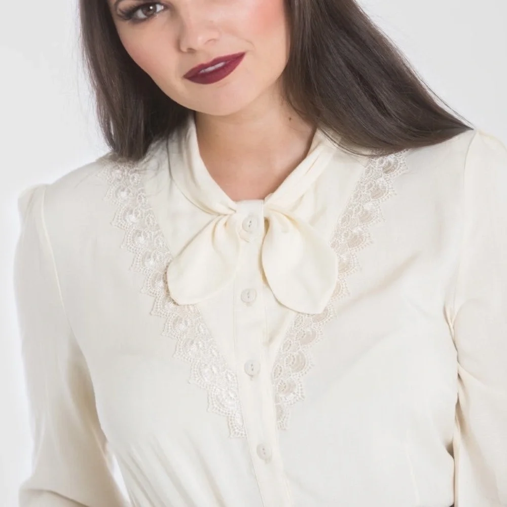 Hell Bunny Cream Blouse with Lace and Bow - Picture 2 of 6